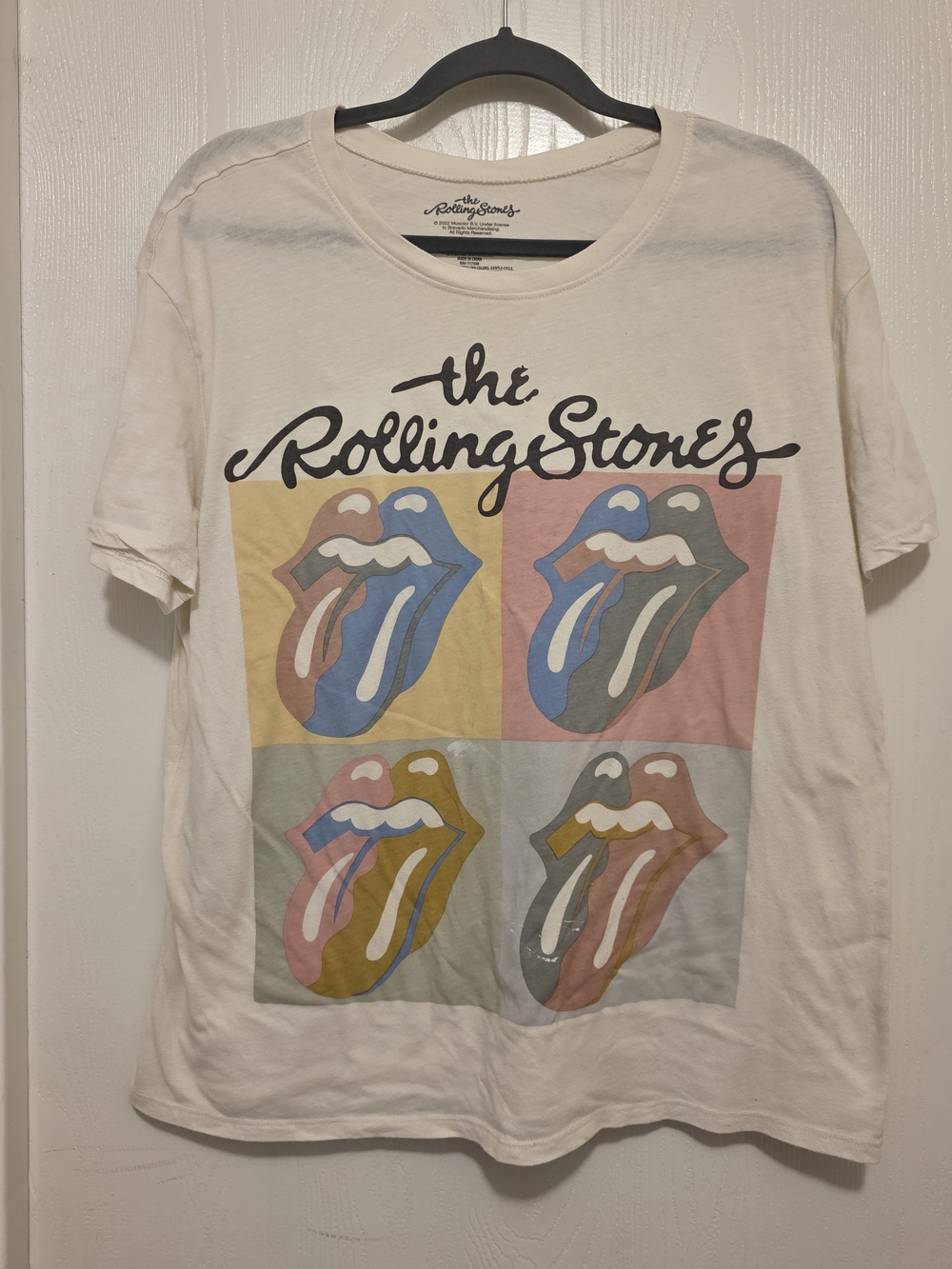 the Rolling Stones Cream Short Sleeve Tee with Multi-Color Pop Art Tongues